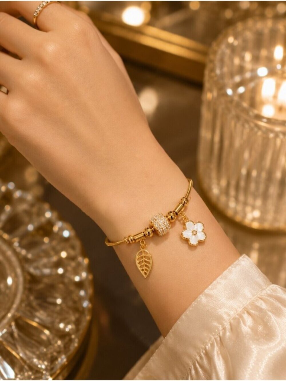 Gold Floral & Leaf Charm Bracelet